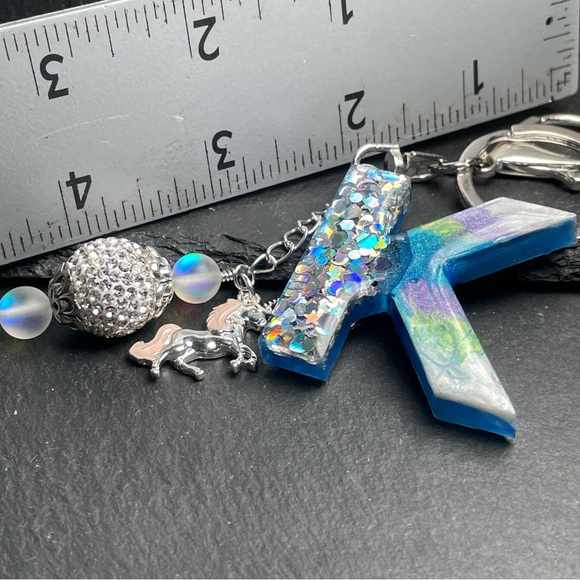Custom Made Colorful Unicorn Keychain with Glitter Letter K - Picture 10 of 11